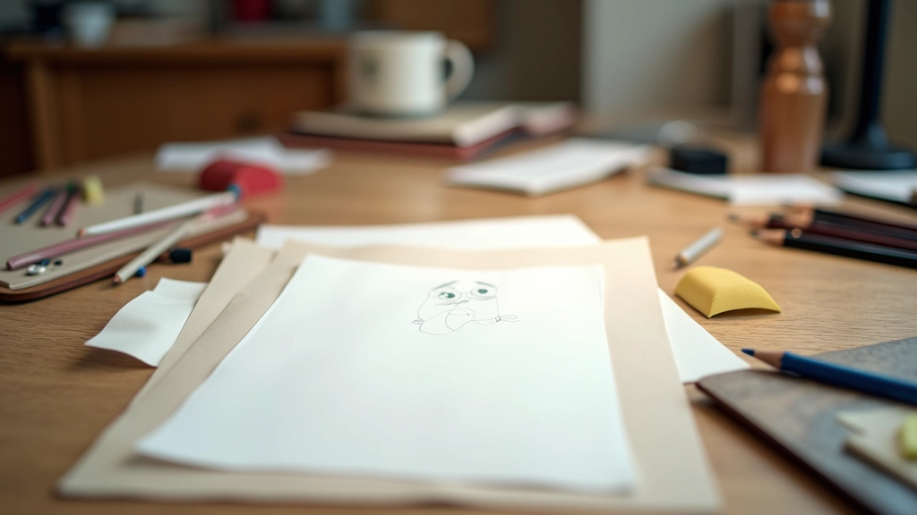 Fogli di animazione cel e materiali di disegno su piano di lavoro