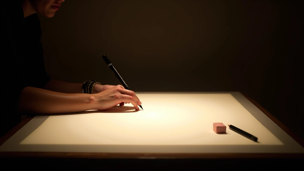 Tavolo luminoso per animazione con fogli trasparenti e un disegno illuminato da sotto