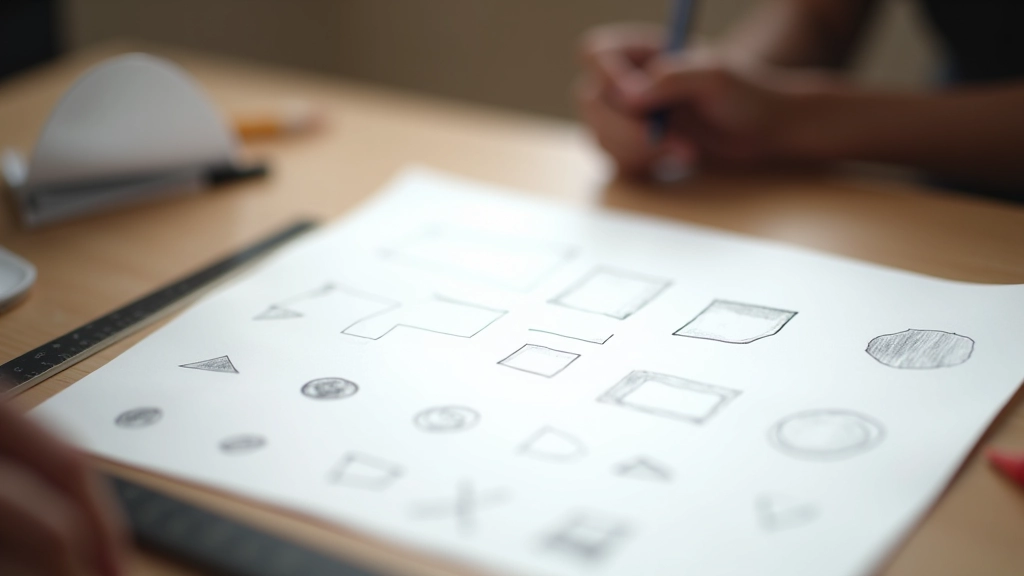Foglio da animazione con esercizi di linee e forme geometriche di base, matite e righello sul tavolo da disegno