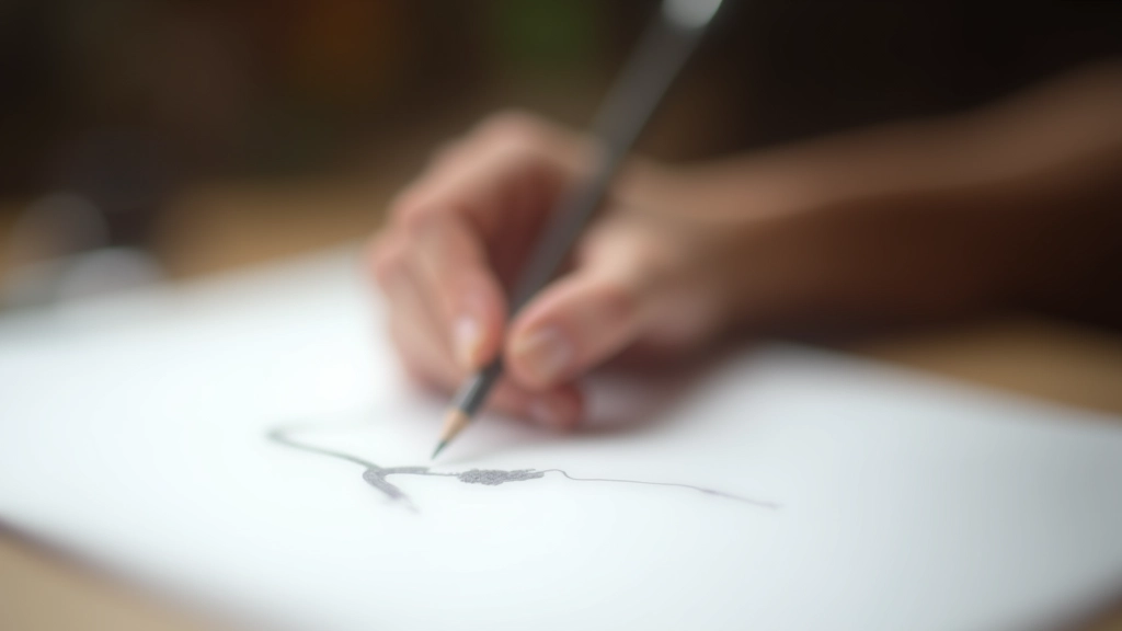 Close-up di una mano che disegna una linea fluida su carta da animazione bianca